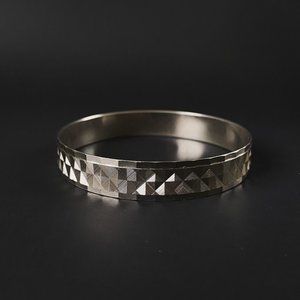 Vintage Japan Made Silver Tone Geometric Textured Art Deco Facet Bangle Bracelet